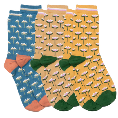 女士有机棉莲花荷花无骨对目中筒女袜THO825