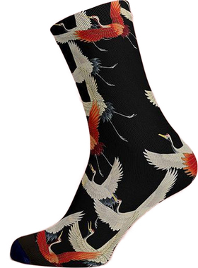 竹袜抗菌防臭3D无缝彩绘印刷丹顶鹤幸福永恒青春中筒男女袜ED