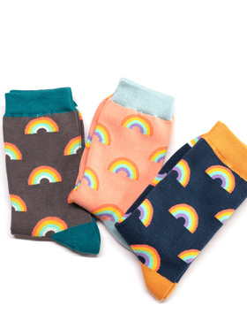 MS竹袜竹纤维抗菌防臭彩虹Rainbows图案情侣款中短筒男女袜MR