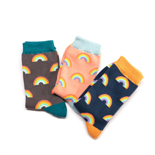 MS竹袜竹纤维抗菌防臭彩虹Rainbows图案情侣款中短筒男女袜MR