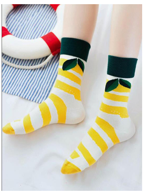 舒适棉质夏日清新柠檬条纹图案短筒女袜36-39码FUNNY SOCKS