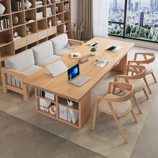 客厅实木大长书桌家用现代简约工作台书架一体学习桌办公室电脑桌