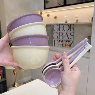 陶瓷釉下彩奶油米饭碗4.5英寸汤碗甜品碗勺沙拉儿童碗 4碗4勺