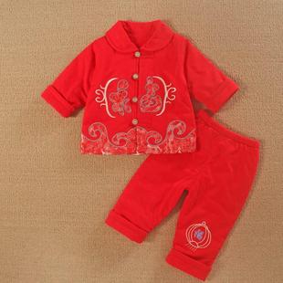 0一1岁男宝宝装红色过年棉衣服周女婴儿分体春秋冬薄款套装季新年