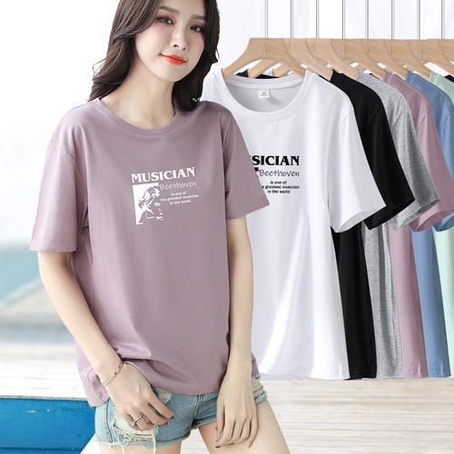 纯棉宽松休闲印花圆领短袖t恤女