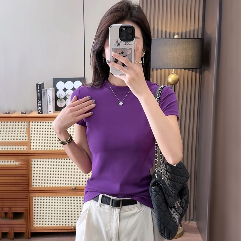 纯色短袖t恤女士大码紧身上衣内搭半高领正肩气质显瘦打底衫体恤