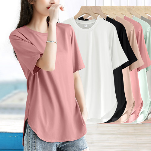 圆弧下摆修身小圆领短袖t恤女薄