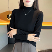 高质量重磅加厚保暖纯色棉质黑色中半高领打底衣女内搭可外穿秋衣