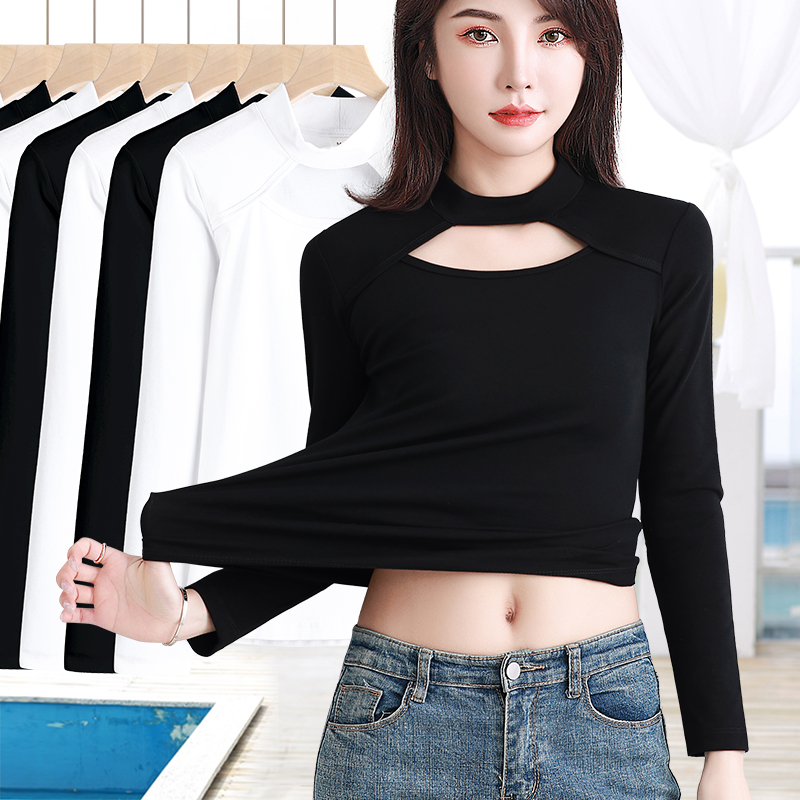 黑色镂空修身长袖螺纹内搭打底衫