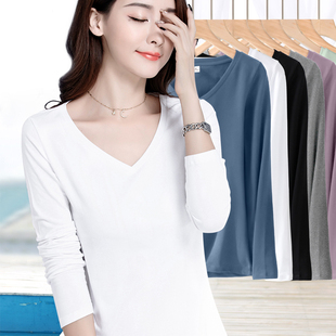 显瘦内搭打底衫 春秋新款 弹力修身 t恤女薄款 纯棉上衣 白色v领长袖
