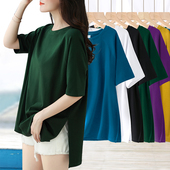 通勤圆领宽松休闲夏装 墨绿色下摆两侧开叉短袖 t恤女螺纹纯色大码