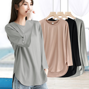 女秋装 遮屁股长袖 大码 圆弧型下摆开叉中长款 t恤女 女装 加肥加大码