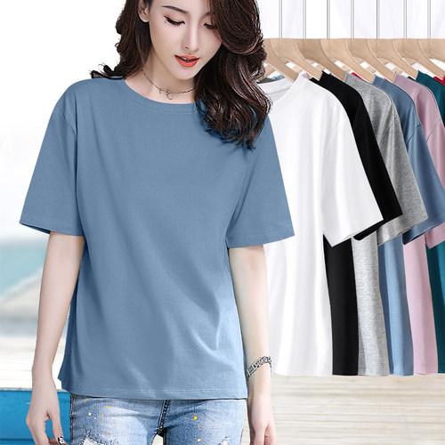 雾霾蓝棉质宽松圆领短袖t恤女夏