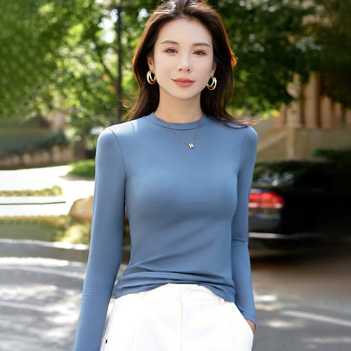 半高领棉质纯色修身长袖打底衫女