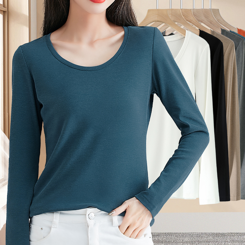 孔雀蓝圆领百搭女长袖修身打底衫