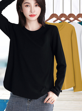 罗纹正肩上衣女单件黑色长袖t恤打底衫大码修身显瘦遮肚子肉小衫
