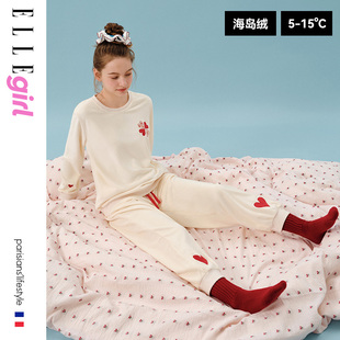ELLE 秋冬加绒保暖大童高端家居服 girl少女高级感海岛绒睡衣套装