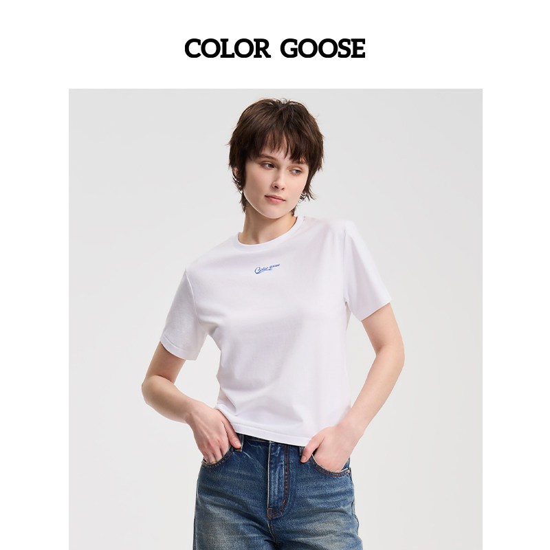 COLOR GOOSE彩鹅 夏季纯色棉质薄款圆领休闲百搭短袖T恤女款显瘦