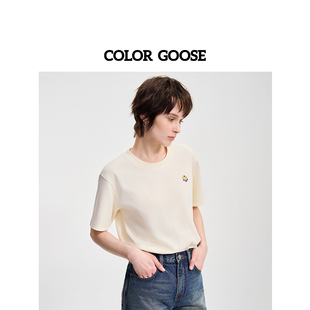 COLOR GOOSE彩鹅 春夏女士经典刺绣小众LOGO纯色圆领正肩短袖T恤