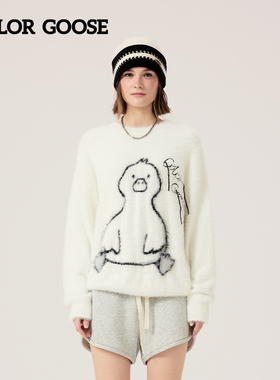 COLOR GOOSE秋冬新款简约慵懒趣味小白鹅提花宽松套头保暖针织衫