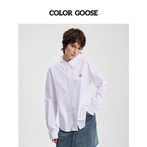 COLOR GOOSE彩鹅 logo刺绣纯色衬衣休闲长袖衬衫女春秋 女款