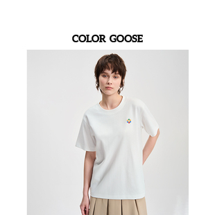 经典 COLOR GOOSE彩鹅 春夏男女同款 休闲显瘦T恤 刺绣纯色圆领短袖