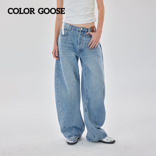 COLOR 25早秋美式 復古彎刀廓形燙鉆字母LOGO標拖地牛仔褲 GOOSE