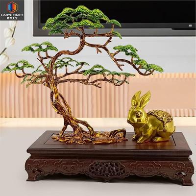 新中式鸡翅木底座玄关装饰品金属珐琅彩迎客松创意玉兔檀香炉摆件