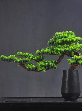 仿真迎客松盆景摆件崖柏根雕工艺品木质创意家居玄关摆件软装饰品