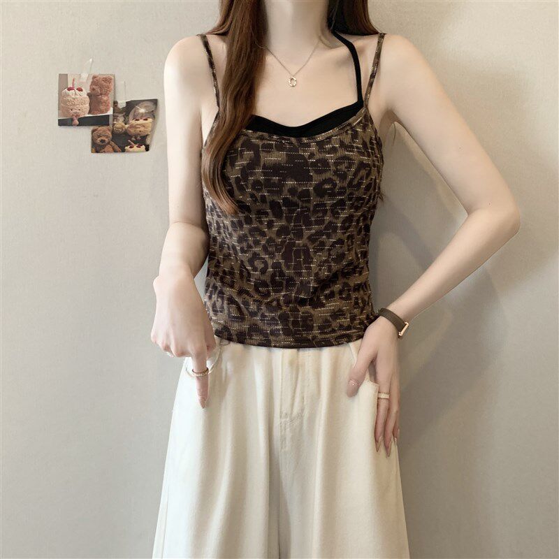 极速假两件美f背吊带背心女内搭夏季大码胖mm显瘦短款无袖豹纹上