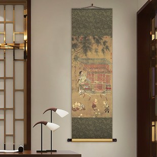 新品纪恩图新中式书房茶室复古装饰D画货郎图竖版客厅玄关山水人