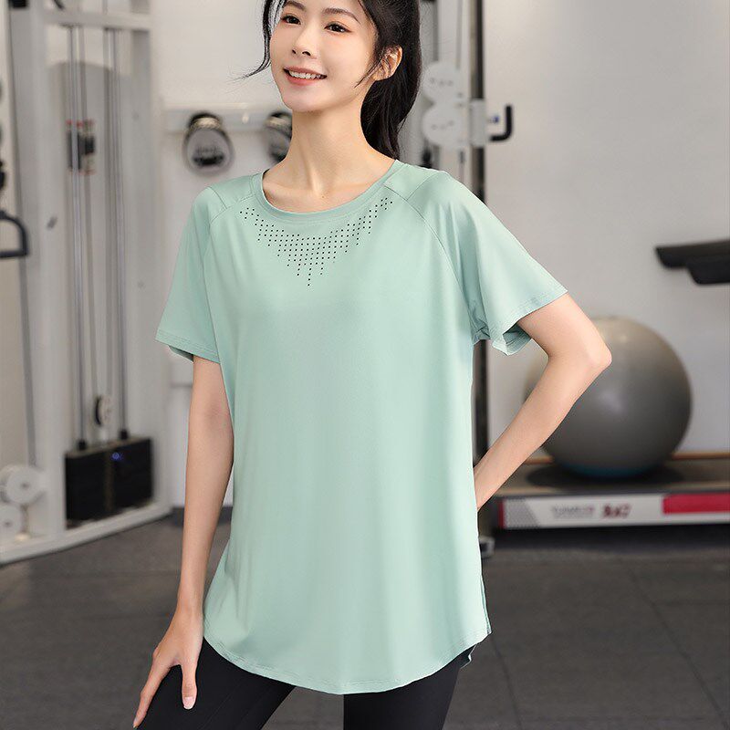 新品大码健身服女短袖夏过臀长款运动T恤女K胖mm宽松瑜伽上衣纯色