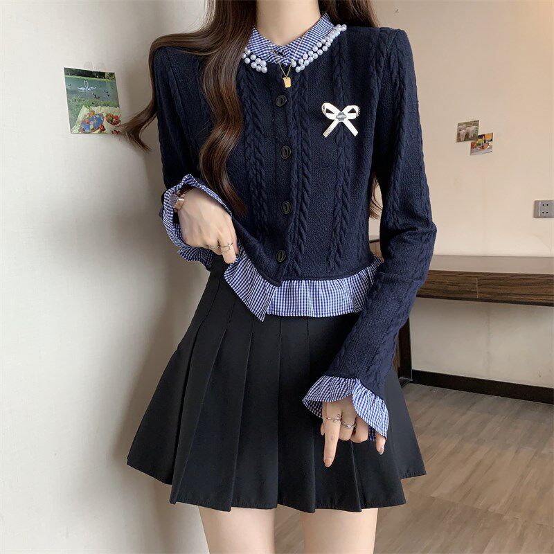 新品大码假两件小k个子毛衣开衫外套女秋冬胖mm显瘦针织打底衫短