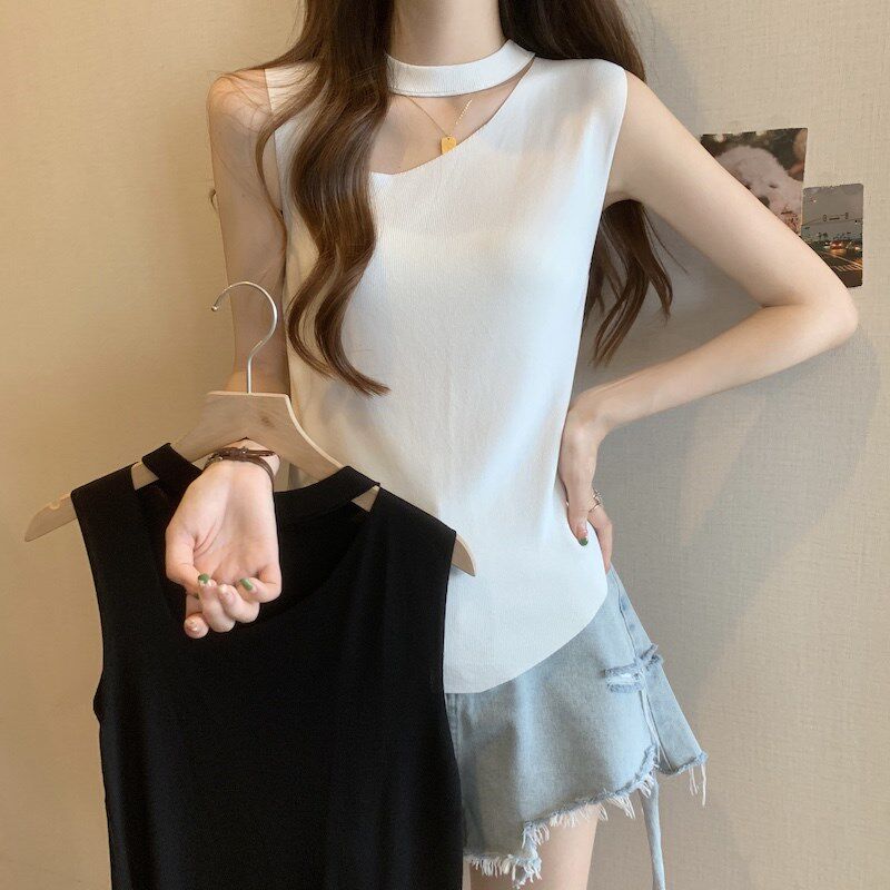新品大码b女秋冬挂脖法式内搭针织吊带背心胖mm纯欲外穿别致打底