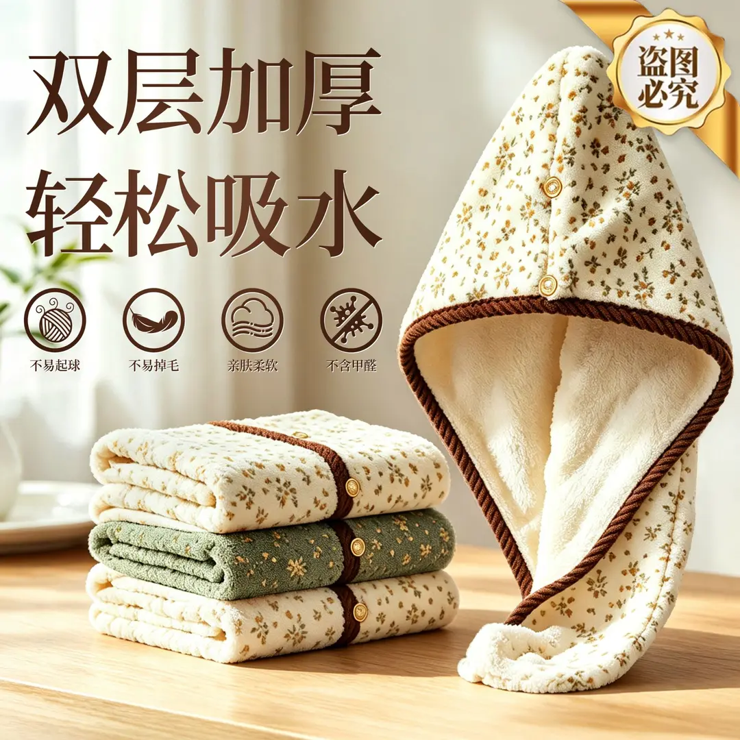 法式印花双层珊瑚绒吸水干发帽
