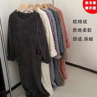 睡衣加绒加厚冬季睡裙保暖珊瑚绒睡袍家居服保暖休闲宽松加长款