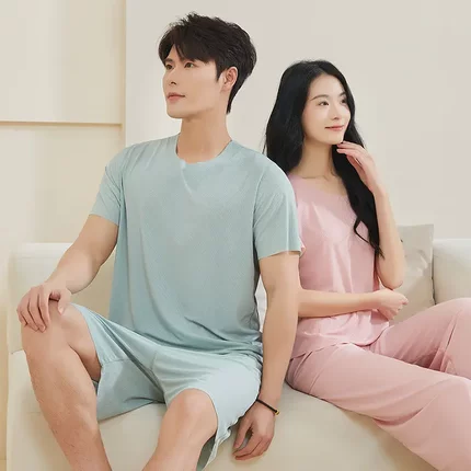 夏季情侣冰丝家居服睡衣男女套装薄款圆领女休闲外穿