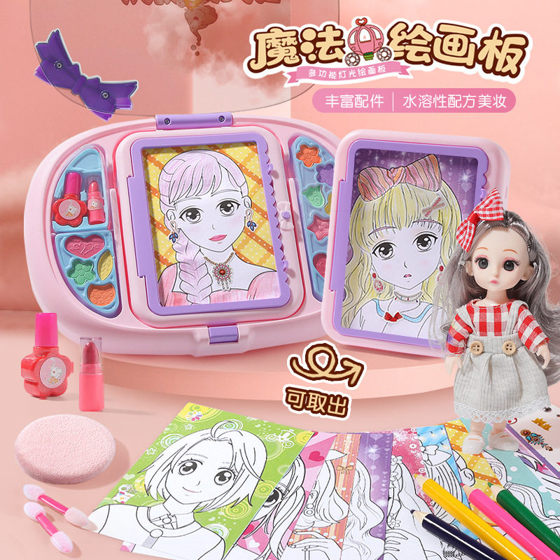 儿童魔法手绘板带灯光贴纸美妆公主临摹涂鸦绘画板女孩玩具6812图片