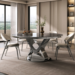 岩板餐桌现代简约轻奢可伸缩折叠圆桌家用10人带转盘大理石吃饭桌