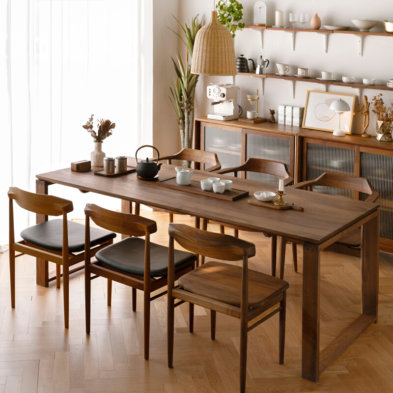 新中式北欧简约长方形全实木大餐桌茶桌黑胡桃榉木樱桃CZ018