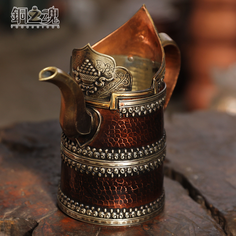 少数民族手工红紫铜青稞酒壶杯侧把手加厚大容量水壶家用装饰摆件