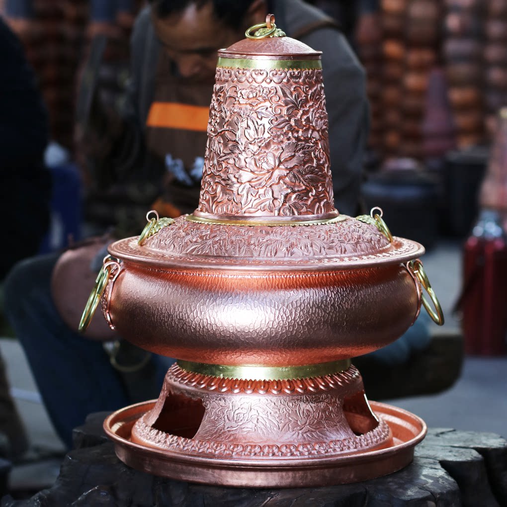 纯紫铜火锅木炭炊锅手工加厚商用传统老式涮肉家用暖锅牡丹花錾刻