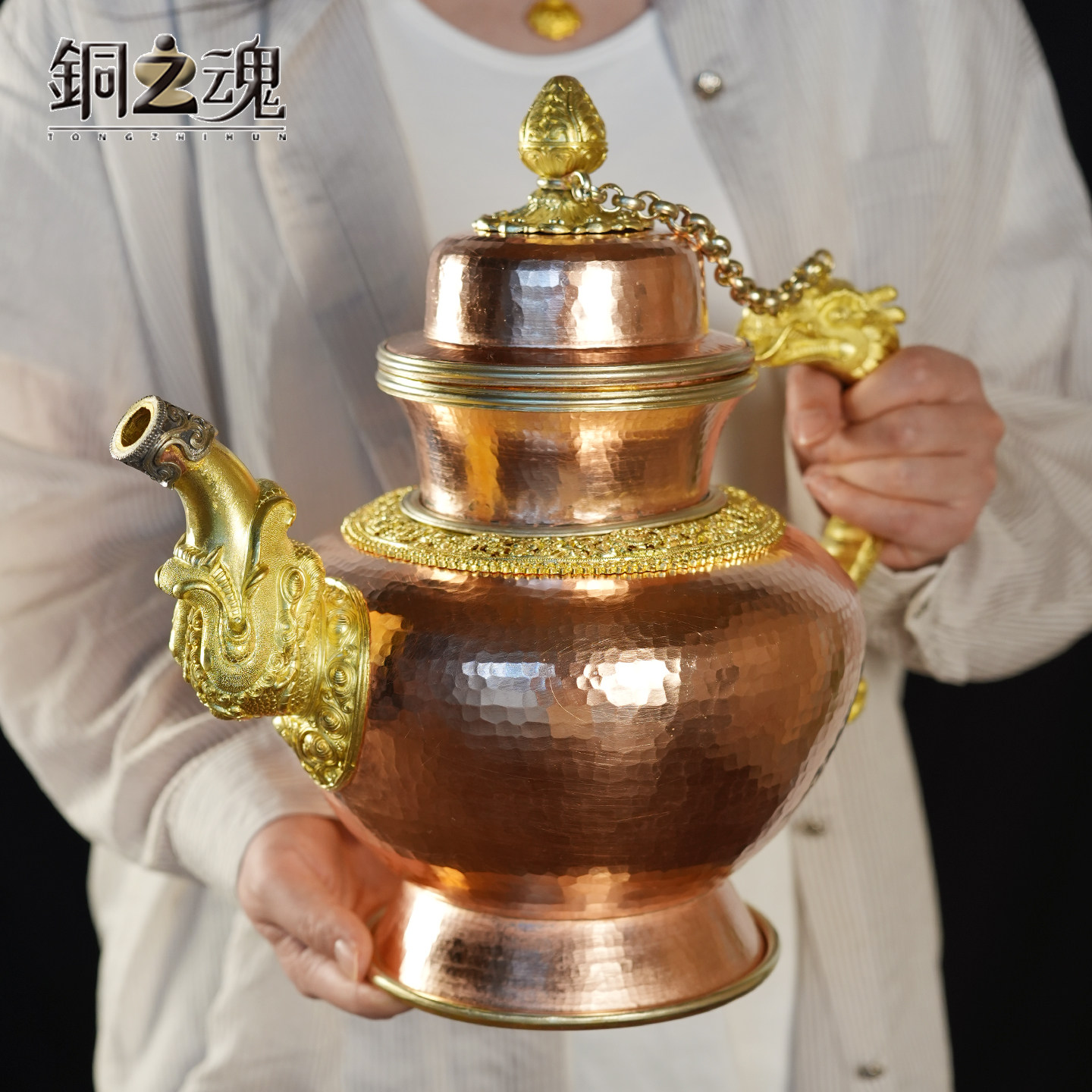 酥油壶纯铜藏式龙壶高端铜壶紫铜茶壶纯手工加厚装饰摆件铜器