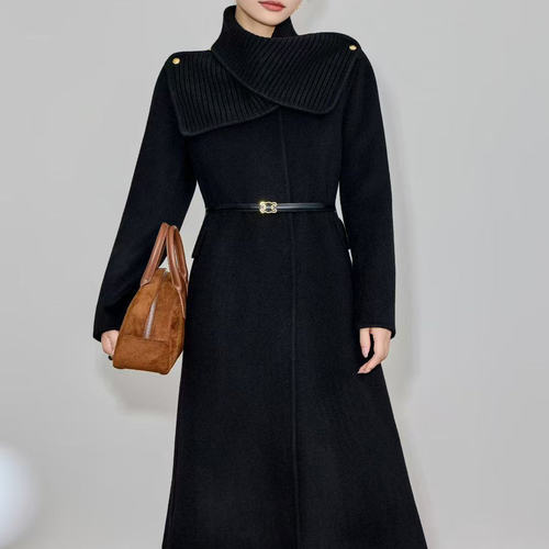 新款围巾系带双面羊绒大衣