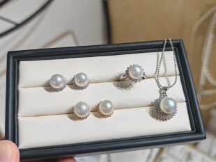 广西北海天然珍珠太阳花套装耳环戒指项链宝石光感大气上档次