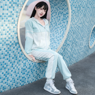 舞鸥原创设计薄荷绿撞色卫衣套装2025秋季新款休闲运动跑步外套女