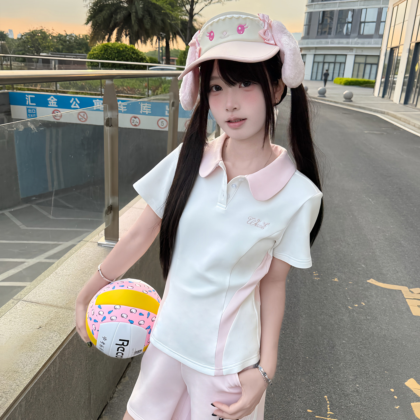 原创正版粉色体操服日系收腰款POLO衫JK短裤学生制服休闲运动套装