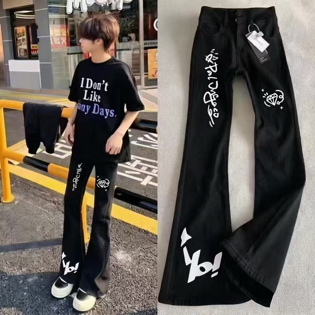 美式十字架印花男微喇牛仔裤