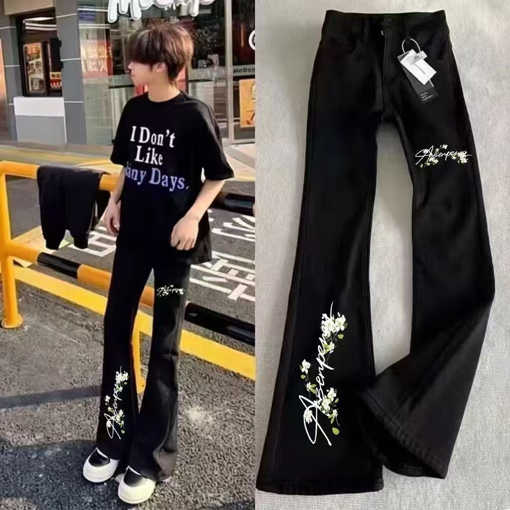 轻奢美式长裤国潮印花十字架印花潮牌牛仔裤夏季男潮流微喇裤新款