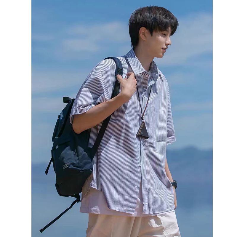 日系cityboy蓝白条纹衬衫短袖男士夏季新款宽松休闲男生衬衣外套
